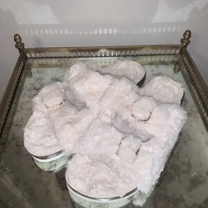 Fitory Slides Women's Size 10 Sandals Beige‎ Faux Rabbit Fur Cozy Soft
